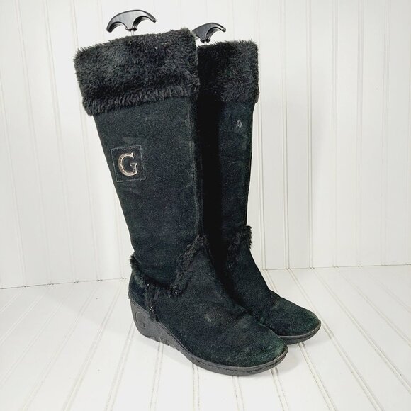 Guess Black Suede Leather Fur Winter Wedge Heel Riding Grip Sole Boots C267 - Picture 4 of 11